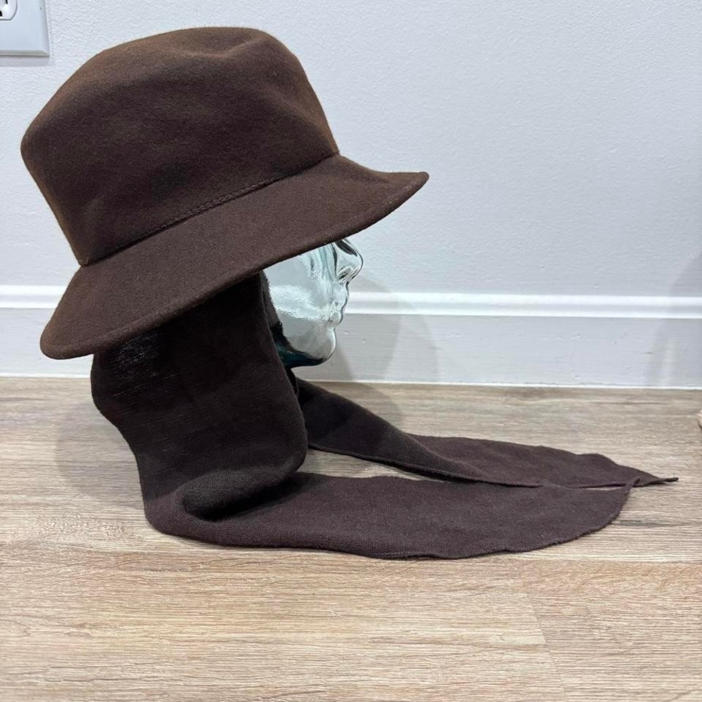 Boutique Kate's Canada Brown Wool Felt Hat Wide Brim Long Attached Neck Scarf